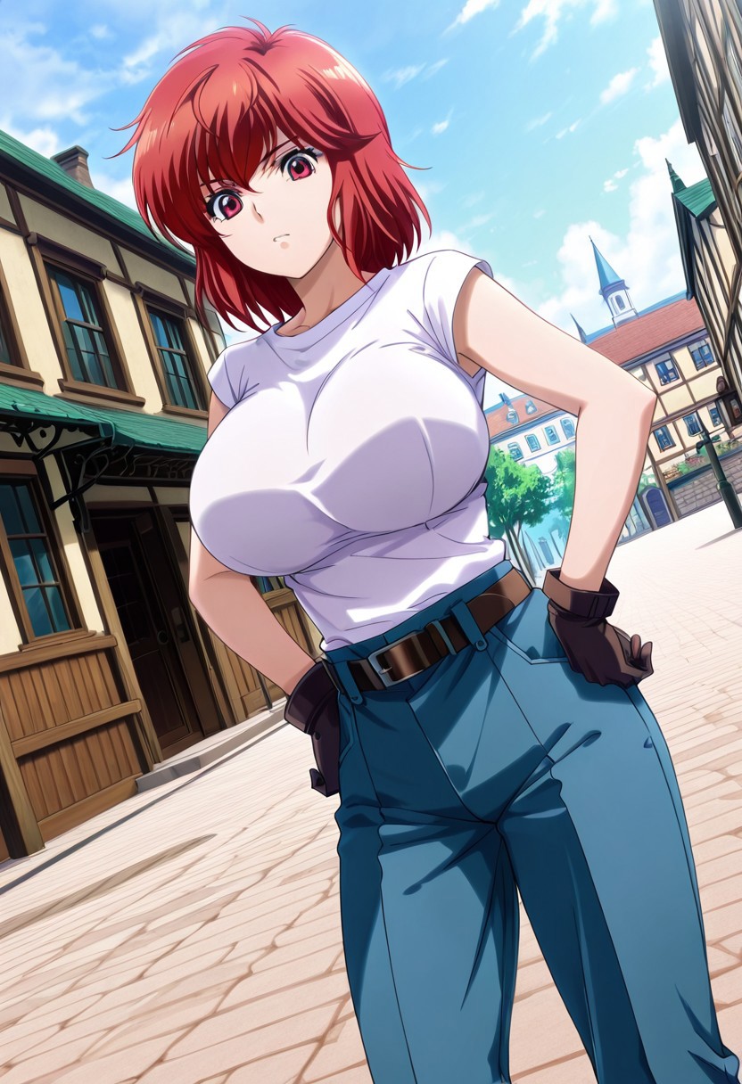 general,highres, ultra-detailed,very aesthetic,best quality ,best hands,best eyes,easynegative,
dynamic anglre, dutch angle, game cg,
1girl solo,looking at viewer,outdoors,town,standing,hands on hip,
Tia Noto Yoko,red hair,red eyes,short hair,huge breasts,shirt,pants,glove