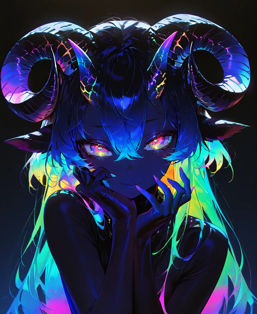 masterpiece, best quality, amazing quality, very aesthetic, absurdres, newest, volumetric lighting, holographic colors, horns, complex horns, cute, gradient colors, multicolored eyes, milf, dark background, masterpiece, best quality, amazing quality, very aesthetic, absurdres, newest, volumetric lighting,
, <lora:Monster_girls:0.8>,