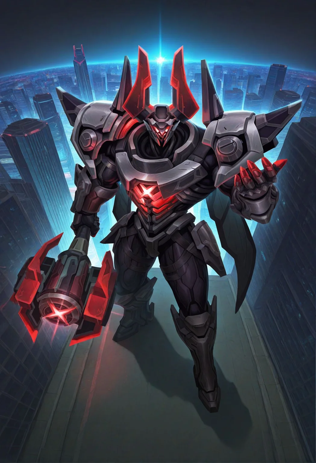 bara,solo,pose,showing,wide shot,perspective,
mecha,mecha cape,glowing,on top,cityscape,holding project-hammer,hand up,looking at viewer,
project-mordekaiser,
very awa,masterpiece,best quality,absurdres,newest,perfect quality,detailed background,intricate details,scenery,