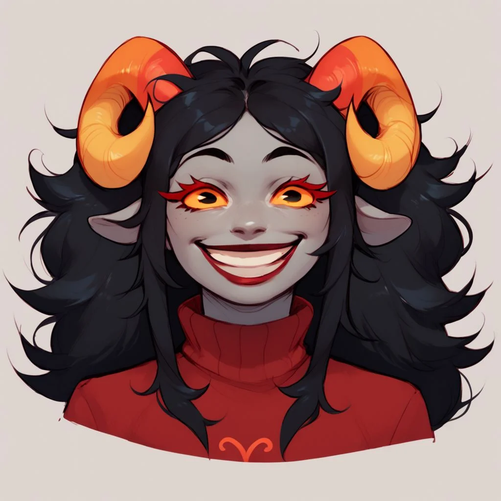 score_9,score_8_up,score_7_up, score_6_up, Aradia Megido, sheep horns, grey skin, long black hair, fluffy hair, yellow sclera, red irises,, red sweater, red skirt, smile, grin, huge smile, red eyelashes, headshot, close up