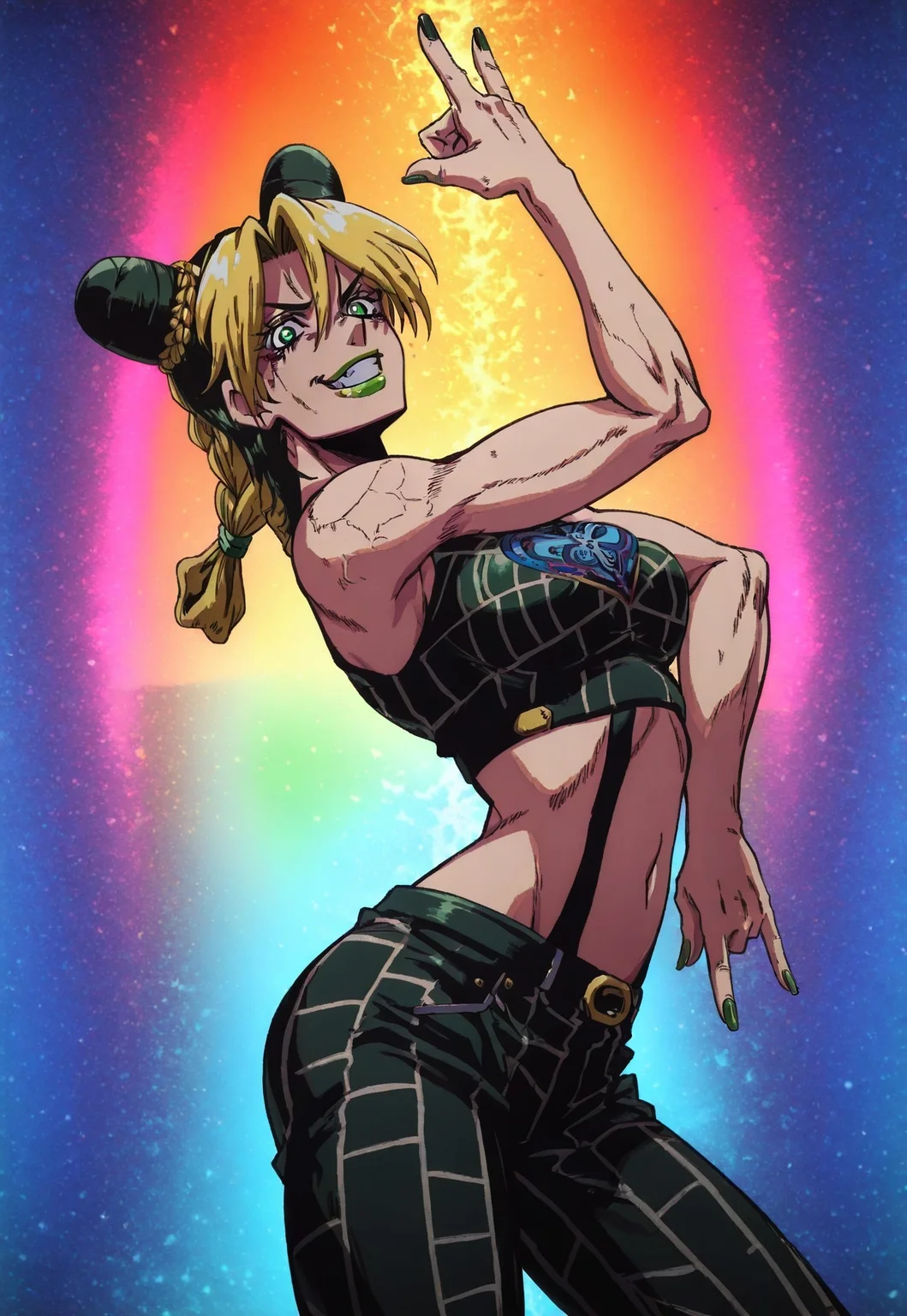 high contrast, masterpiece, best quality, amazing quality, very aesthetic, high resolution, ultra-detailed, 1girl, solo, blonde hair, double bun, braided ponytail, multicolored hair, green lipstick, green nail polish, green eyes, green pants, boots, spider web print, green crop top, medium breasts, bare shoulders, butterfly on shirt, addmicrodetails, rainbow everything, colorful, multicolor, killer queens pose, killer queens's pose (jojo), jojo pose, arm up, hand up, \n/, double \n/, arm down, hand down, grin, arched back, bent over, cowboy shot
Negative prompt