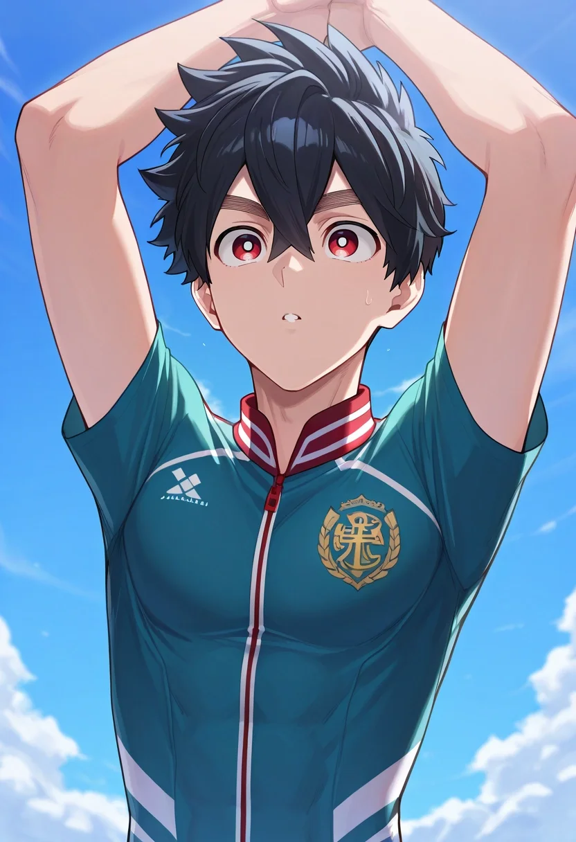 masterpiece, best quality, intricate details, , , 1boy, solo, male focus, <lora:kabane_kusaka_ilxl:0.94>, kabane_kusaka, black hair, red eyes, short hair, hair between eyes, kusaka kabane, , sky carnival, cloud rides, wind swings, misty games, joyful pose, exhilarated expression, bright day,