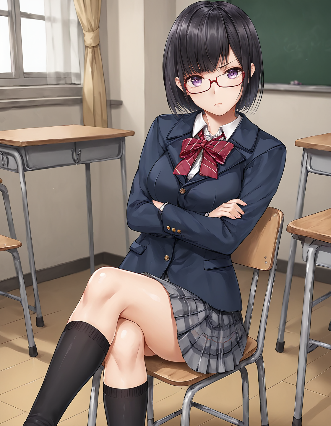 score_9, score_8_up, score_7_up, score_6_up, score_5_up, score_4_up, <lora:NaoS_T1V0:0.85>, <lora:sdxl_lightning_8step_lora:1>,
1girl, solo, source_anime, anime screencap,
NaoS_T1V0, black hair, medium hair, bob cut, bangs, purple eyes, glasses, red-framed eyewear, medium breasts, 
school uniform, blazer, dark blue jacket,  white shirt, dress shirt, long sleeves, red bowtie, diagonal-striped bowtie, 
grey skirt, plaid skirt, black socks, kneehighs, 
sitting, on chair, crossed legs, crossed arms, 
looking at viewer, light frown, v-shaped eyebrows, closed mouth, 
indoors, classroom, school chair,
