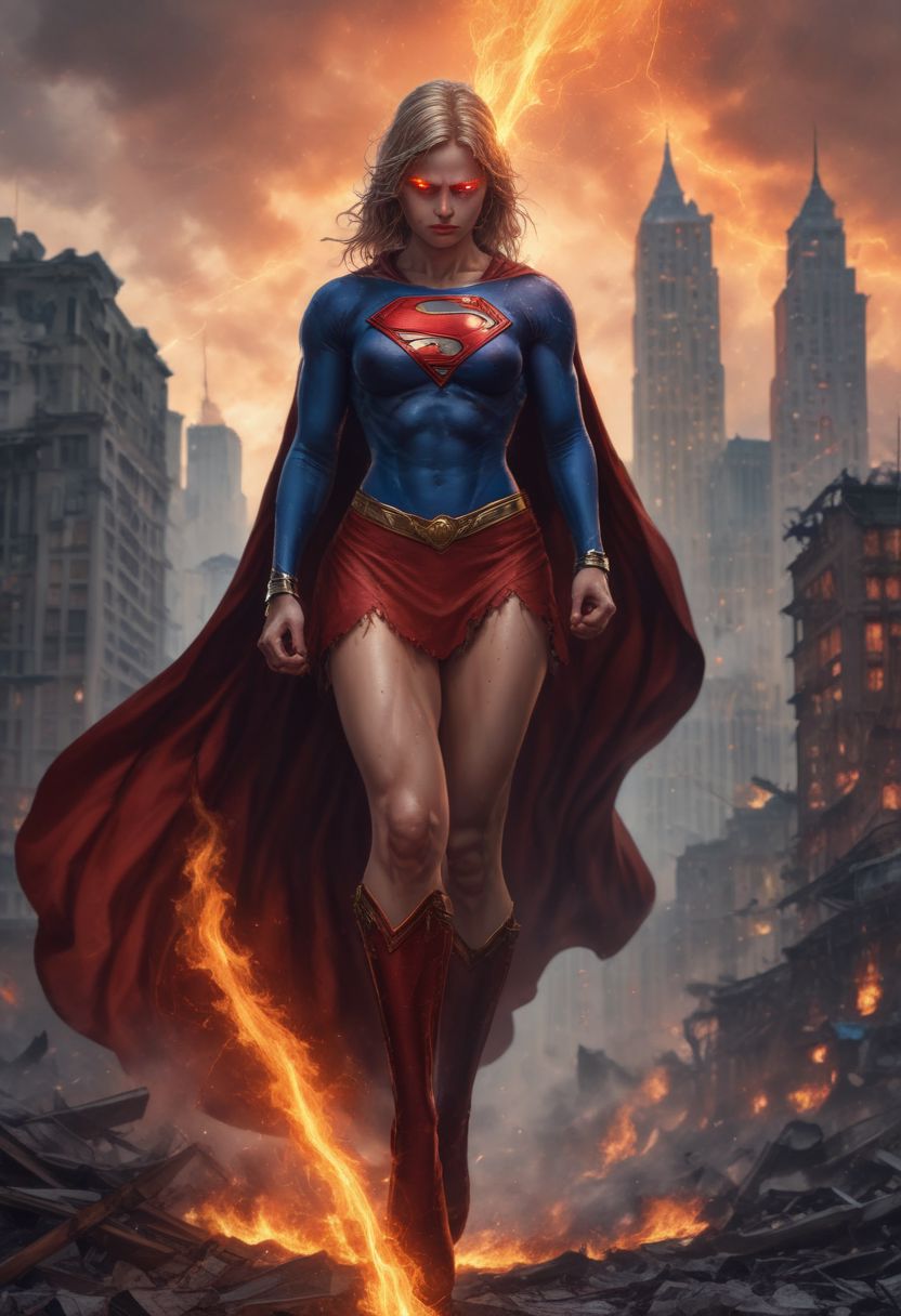 High resolution ultra-realistic of Beautiful Supergirl fighting against alien invasion, cinematic style, standing on a bloody and stormy battlefield in a fighting pose, bloody massacre, fire, realistic combat costume, red mini skirt, perfect athletic figure, wavy blonde hair, handsome dirty bloody face, beautiful perfect detailed pupils, wet oily shiny skin, beautiful firm Breasts, defiant and seductive, sexy 20 year old girl, 8k resolution concept art portrait by Greg Rutkowski, Dark Gotham City, Artgerm, WLOP, Alphonse Mucha, dynamic lighting, hyperdetailed, intricately detailed, Splash art trending on Artstation triadic colors, Unreal Engine, 5 volumetric lighting, Cinematic Lighting, intricate, smooth, sharp focus digital painting, Asymmetrical Balance, painting, dynamic lighting