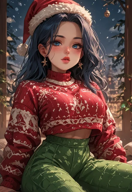 score_9, score_8_up, score_7_up, detailed, source_anime, christmas_sweater, starry sky, 1girl, blushing, (freckles:1.2), dark blue hair, long hair, blue eyes, santa cap, sexy tight christmas sweater crop top, stylish lighting, prone pose on a bed, (low waist green  leggings:1.2), large breasts, hotglossed pink lips,