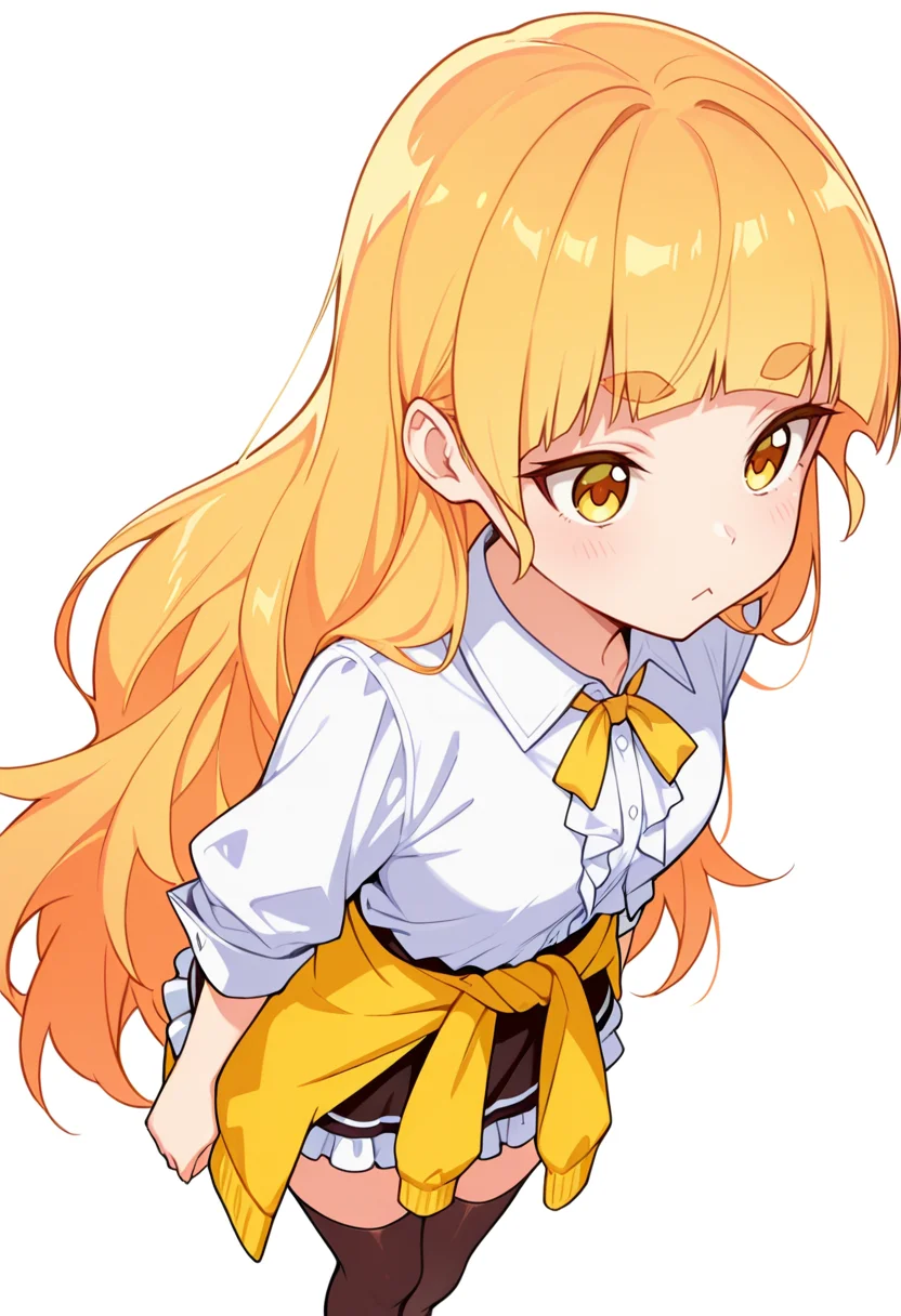 masterpiece,high quality details,absurdres,
<lora:Shiraki_Hime:0.8>
hime_cnr, 1girl, blonde hair, very long hair, yellow eyes, blunt bangs, thick eyebrows,, simple background, white background, from above,solo,, :<,, peplum top ,clothes around waist,frilled skirt,,thighhighs,