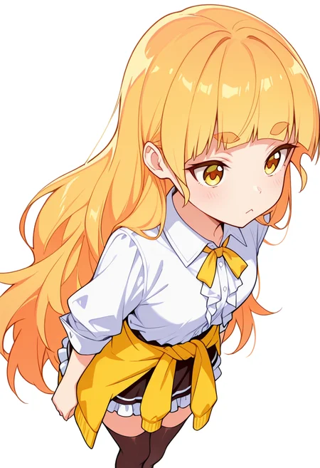 masterpiece,high quality details,absurdres, 
<lora:Shiraki_Hime:0.8>
hime_cnr, 1girl, blonde hair, very long hair, yellow eyes, blunt bangs, thick eyebrows,, simple background, white background, from above,solo,, :<,, peplum top  ,clothes around waist,frilled skirt,,thighhighs,
