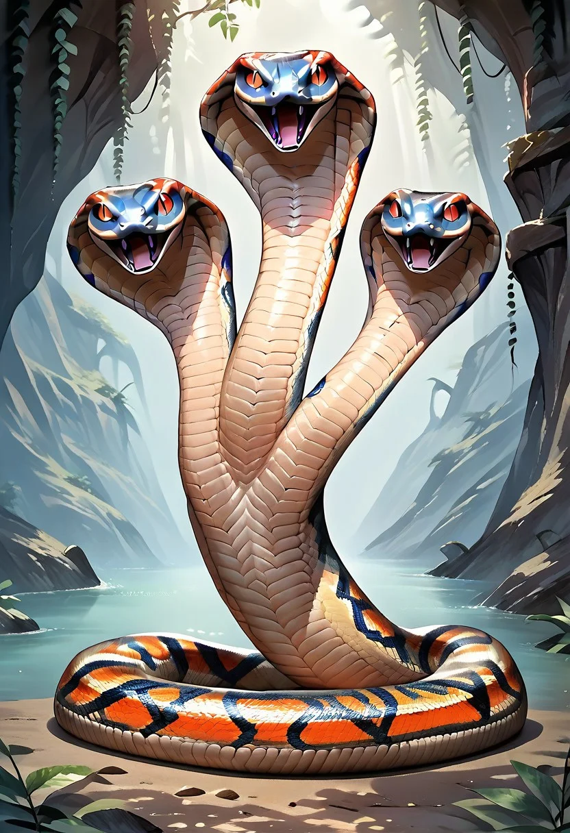 score_9, score_8_up, score_7_up, score_6_up, score_5_up, score_4_up, source_anime, source_furry, detailed, anime, 1girl, solo, 3heads, three-headed, Feral, snake, black sclera, slit pupils, scale, scales, smile,
