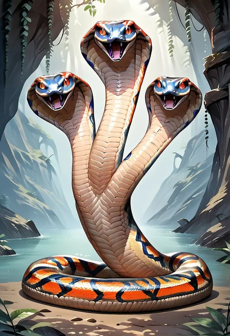 score_9, score_8_up, score_7_up, score_6_up, score_5_up, score_4_up, source_anime, source_furry, detailed, anime, 1girl, solo, 3heads, three-headed, Feral, snake, black sclera, slit pupils, scale, scales, smile,
