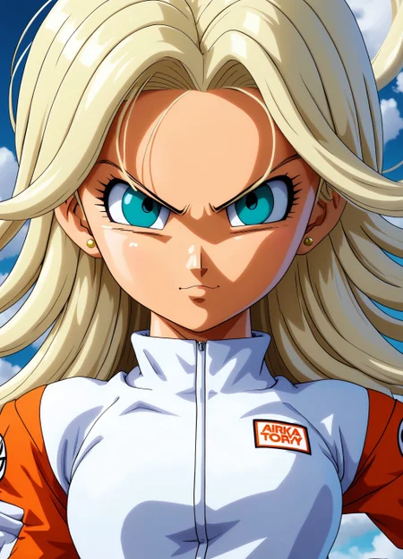 <lora:toriy4m4_v4-000007:0.65> a masterpiece, highly detailed, highest quality, original art full color anime frame of standing beautiful 1girl looking at the viewer wearing a racing mono in the style of akira toriyama