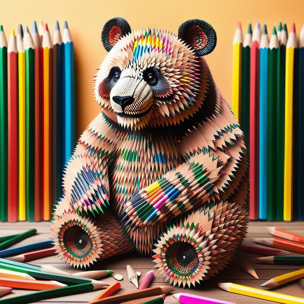 cute panda made out of pencils, (Office background with colored posts that look like the savannah), Pencil_morph_style
