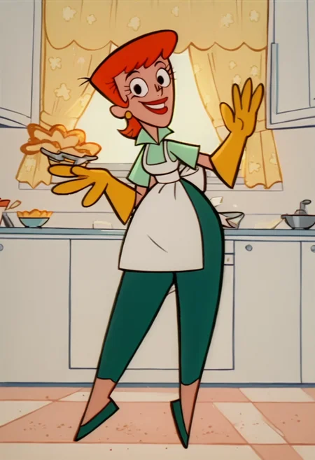 <lora:DextersMomPony1.0:1>dextersmom, solo, 1girl, aqua shirt, green pants, rubber gloves, orange hair, earrings, apron, short hair, smile, kitchen, lipstick,green footwear,curtains, score_9, score_8_up, score_7_up, score_6_up, score_5_up, score_4_up, looking at viewer,