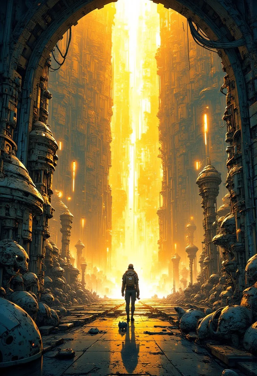 A small figure stands in a massive alien futuristic chamber, golden light, light rays fall from the ceiling, plants, cat, science fiction art by Luis Duarte anime, cyberpunk, mythp0rt