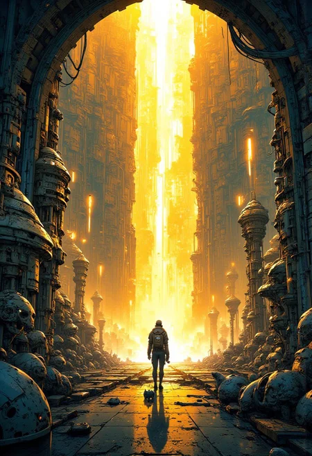 A small figure stands in a massive alien futuristic chamber, golden light, light rays fall from the ceiling, plants, cat, science fiction art by Luis Duarte anime, cyberpunk, mythp0rt