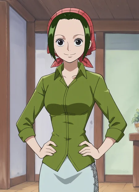<lora:Makino-One_Piece:0.8>,makino,1girl,solo,short hair,green hair,black eyes,bandana,shirt,skirt,cowboy shot,hands on own hips,looking at viewer,indoors,smile