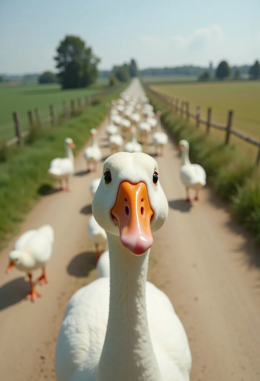 A surreal and humorous photograph featuring a close-up of a goose with its head comically tilted towards the camera, creating an exaggerated perspective. The background shows a large flock of geese marching in an orderly line down a rural dirt road, surrounded by green fields and trees under a clear sky. The focus is on the amusing and curious expression of the foreground goose, capturing a sense of chaos and charm. The image highlights natural textures, vibrant outdoor lighting, and the quirky behavior of geese.