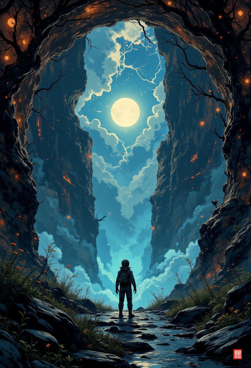 A lone astronaut floats inside a massive cavernous spaceship, its walls made of glowing organic material that pulses like a beating heart. The veins of the ship seem alive, pumping streams of liquid light that illuminate the darkness. Suspended in zero gravity, the astronaut approaches a vast spherical chamber where a sentient star, shimmering with millions of colors, pulsates and whispers in an alien language. As they draw closer, their helmet begins to crack, not from pressure, but from the overwhelming vibrations of the star’s song, which reveals ancient secrets of the universe with every verse.
aidmaMJ6.1, aidmafluxpro1.1