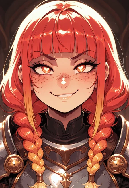 fantasy armor,
face focus, freckles, gradient hair,
detailed eyes, long hair, blunt bangs, braids,
cute smirk, unusual_pupils heart,
very awa, masterpiece, 2d,
Rapscallionstyle, Bl3th3bn3_Styl3_SKNSFW,,