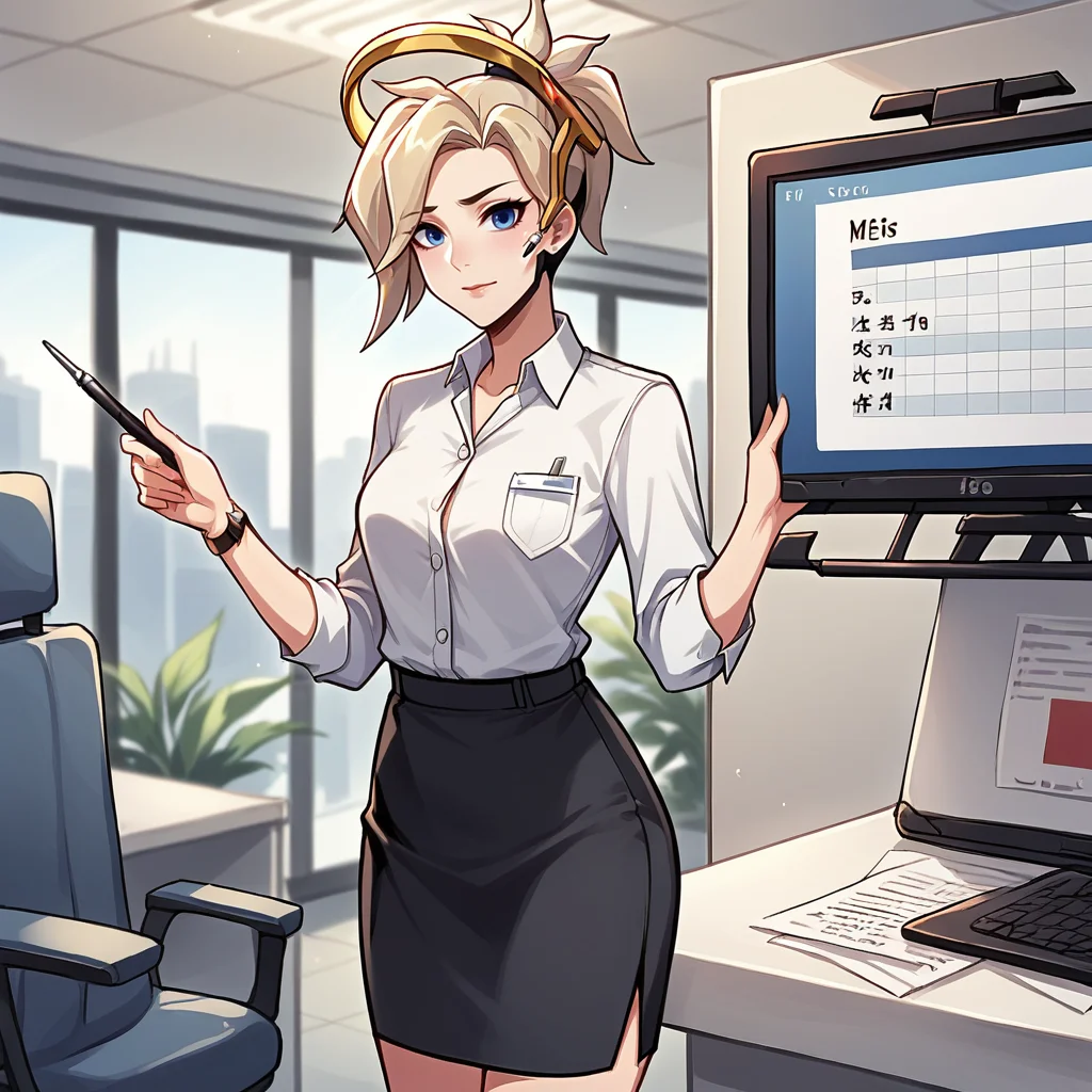score_9, score_8_up, score_7_up, score_6_up, score_5_up, score_4_up, zPDXL2,source_anime,rating_questionable, 1girl, solo, standing, looking at viewer,  office interior, office lady, white button shirt, black pencil skirt, Mercy \(Overwatch\)      ,<lora:Presentation:0.7> pr3s3nt4tion, office wear, holding pointer, screen display, graph object, giving presentation, looking at viewer, interior, crowd