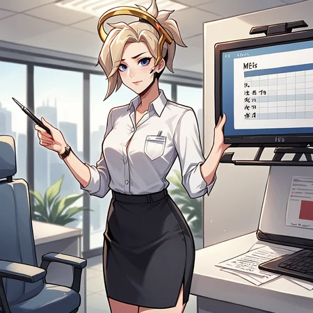 score_9, score_8_up, score_7_up, score_6_up, score_5_up, score_4_up, zPDXL2,source_anime,rating_questionable, 1girl, solo, standing, looking at viewer,  office interior, office lady, white button shirt, black pencil skirt, Mercy \(Overwatch\)      ,<lora:Presentation:0.7> pr3s3nt4tion, office wear, holding pointer, screen display, graph object, giving presentation, looking at viewer, interior, crowd