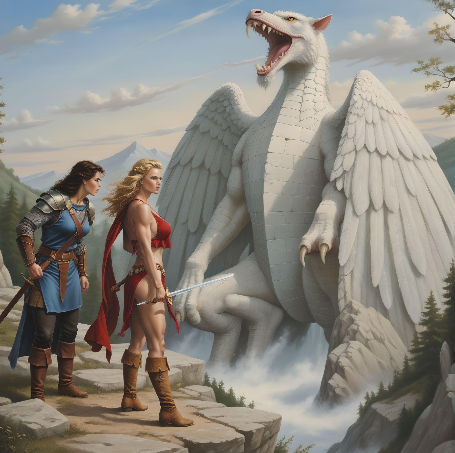 <lora:Elmore_Style:0.5> source_illustrations, elmore_style 1girls, armor, bare tree, bikini armor, boots, branch, breasts, cape, score_9, score_8_up, score_7_up, out doors, battle field, swords, adventures, larry_elmore painting illustration, adventure, skimpy armor, NSFW, massive breasts, epic fantasy art dnd a beautiful woman stands confidently, group of adventure behind, draped in flowing fabric that billows in the wind, evoking a sense of mystery and power. The scene is set in a rich fantasy world, with the hair gleaming in the perfect lighting, epic, alluring, muscular, sexy, slutty,  and intricate details in the woman’s surroundings, reminiscent of Larry Elmore’s classic art style. artist signed small bottom right 'Elmore' detailed face, epic painting painting by larry elmore, character portrait for fantasy RPG dungeons and dragons, action, violence, blood, creatures, epic location, fantasical, dragons, orcs, evles, dwarf, creatures