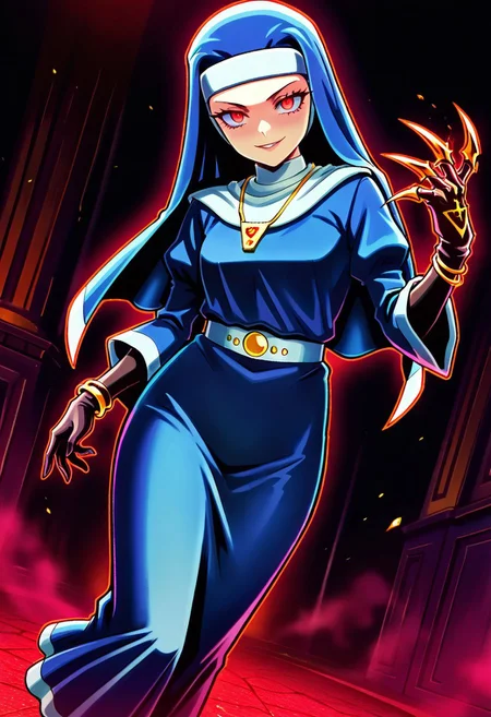 masterpiece, best quality, amazing quality, very aesthetic, absurdres, newest, fayeffl3 wearing a FreddyKrueger clawed glove, 1girl, blue habit, gold necklace, gold bracelets, blue eyes, white belt, black low heels, pantyhose, looking at viewer, red eyes, evil, smile, dutch angle, dark background, mist, close up