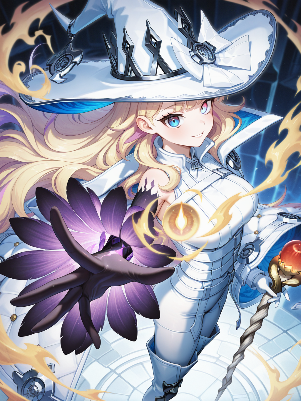 diabellze the original sinkeeper,1girl,heterochromia,solo,looking at viewer,smile,white witch hat,white bodysuit,white coat,white thigh boots,single purple elbow glove,from above,glowing eye,from side,outstretched hand,holding staff,staff,yellow ghost fire,
masterpiece,best quality,amazing quality,very aesthetic,absurdres,newest,<lora:diabellstar the black witch and original sinkeeper illuXL v1.2:0.8>,
