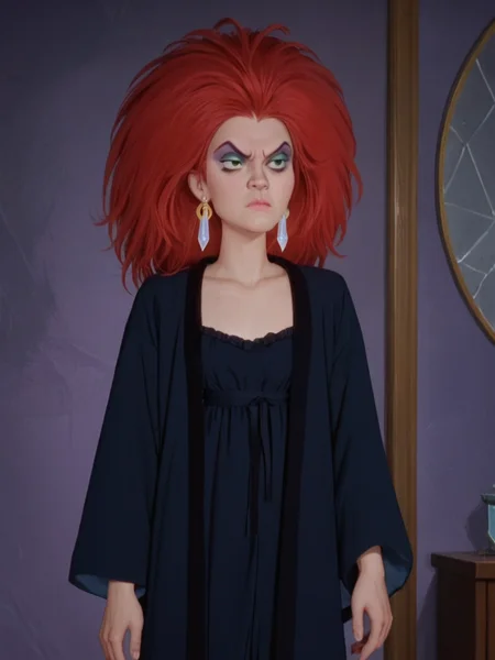 score_9, score_8_up, score_7_up,1girl, solo,    <lora:Dark_Princess_Pony:1> 1girl, solo, ssdp2, red hair, green eyes, nightgown, robe, diamond earrings, eyeshadow, makeup, standing, mouth closed, full body, angry, looking to side