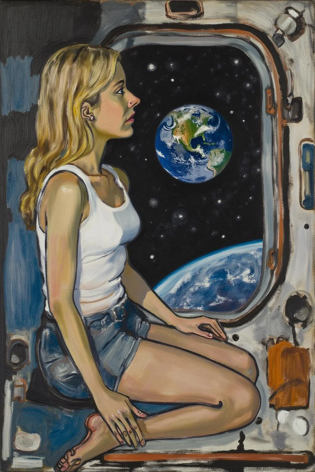 aliceneel1 painting.
Side profile view of a blonde, floating weightless, space station. She is wearing short shorts, white tank top and barefoot, and looking outside towards earth. She is melancholic, and is thinking of her family back on earth.
<lora:aliceneel1_cap_d6a3e12:1.0><lora:842457143904012443:0>