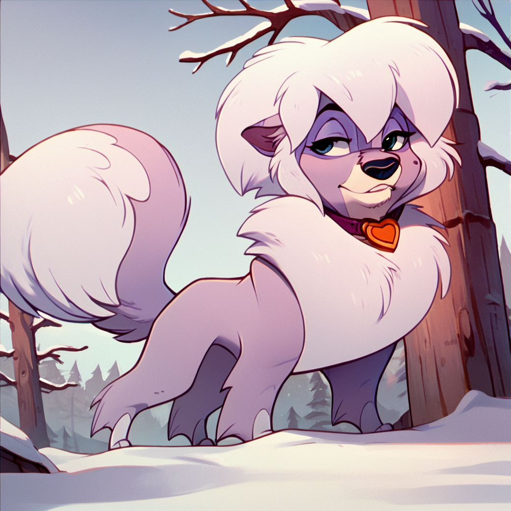score_9, score_8_up, score_7_up, score_6_up, score_5_up, score_4_up,  <lora:DixieBaltoPNY:1>, dixiefrbalto, body fur, dog, two tone fur, purple fur, collar, blue eyes, solo, no humans, white hair, tail, outside, snow, trees,