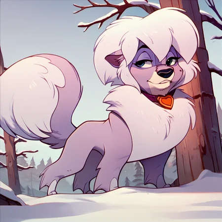 score_9, score_8_up, score_7_up, score_6_up, score_5_up, score_4_up, <lora:DixieBaltoPNY:1>, dixiefrbalto, body fur, dog, two tone fur, purple fur, collar, blue eyes, solo, no humans, white hair, tail, outside, snow, trees,