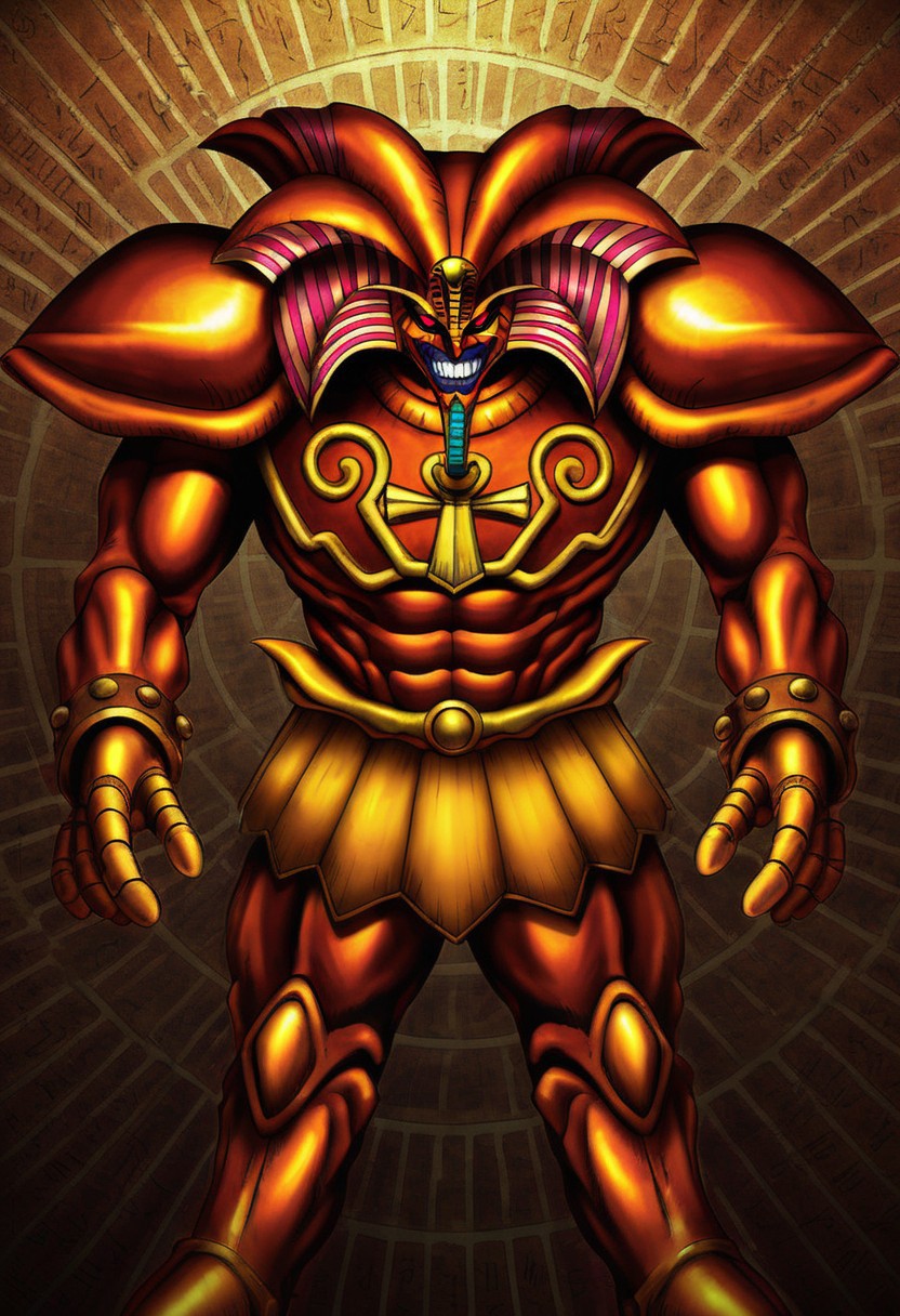 dark skin, teeth, horns, 1boy, ancient egyptian, red eyes, solo, looking at viewer, exodia, smile, armor, cuffs, the forbidden one, full body,standing,