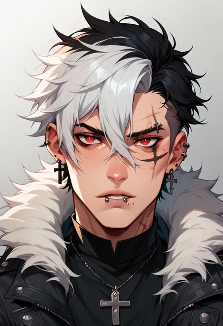niji comix style, piercing, 1boy, red eyes, male focus, jewelry, earrings, ear piercing, solo, black hair, scar, multicolored hair, white hair, looking at viewer, fur trim, scar on face, portrait, lip piercing, tattoo, hair between eyes, cross, cross earrings, gradient, gradient background, parted lips, two-tone hair, jacket, short hair, grey background, multiple piercings, fur-trimmed coat, comic art style, illustration, PnyCmicPosXL
zPDXL2