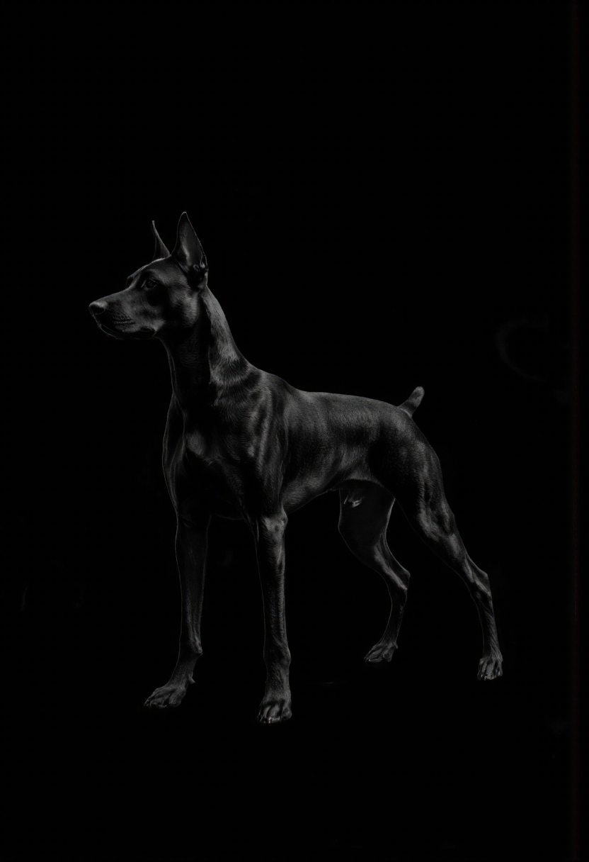 NyxBorne. A black and white photo shoot from a profile camera angle about a silhouette of a dog, specifically a Doberman Pinscher, against a black background. the image also shows a simple black background with no text or other elements. on the middle of the image, a dog is standing, facing the viewer, with its head turned slightly to the side. the dog appears to be a medium-sized breed, possibly a doberman, with a sleek, muscular build and pointed ears. it has a long, slender body and a prominent nose. the silhouette is highly detailed, with visible lines and shading that give it a realistic appearance.