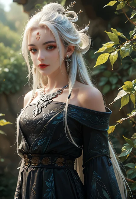 <lora:ponyxiaobai2v:1>,xiaobai,score_9,score_8_up,score_7_up,a highly detailed CGI rendering of a female character with a fantasy aesthetic, she has a pale skin complexion and long ,flowing white hair adorned with intricate ,leaf-like designs ,her eyes are large and expressive, with a serene, almost contemplative expression, she wears a form-fitting, off-the-shoulder dress in a deep black silky color with silver accents, the dress features intricate, floral patterns and a high neckline, accentuating her slender physique, around her neck, she accessorizes with a delicate, silver necklace and matching earrings, her attire is reminiscent of a medieval or fantasy-inspired outfit, with the dress having a high slit that reveals her midriff, the lighting is soft and diffused, casting gentle shadows that enhance the texture of the stone and the character's attire, the overall mood is one of serenity and otherworldly beauty, very long hair, realism,