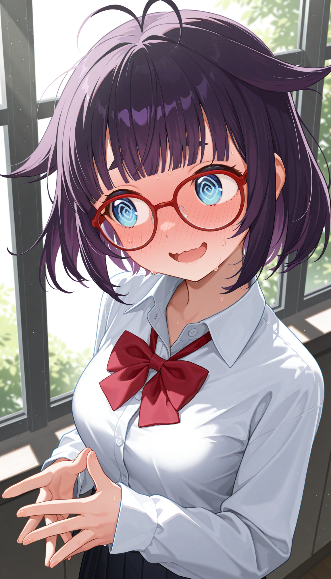 masterpiece, best quality, amazing quality, very aesthetic, high resolution, ultra-detailed, absurdres, newest, scenery, 1girl, solo, purple hair, medium bob, choppy blunt bangs, sidelocks, hair flaps, antenna hair, blue eyes, round eyes, tareme, smile, open mouth, wavy mouth, raised inner eyebrows, (round eyebrows:1.2), full-face blush, @ @, sweatdrop, medium breasts, round red-framed glasses, loose collared white shirt sleeves past wrists, red bowtie, messy hair, looking away, embarassed, steepled fingers, window, dappled sunlight, upper body, head tilt, from above, dutch angle, BREAK, delicate hair, volumetric lighting