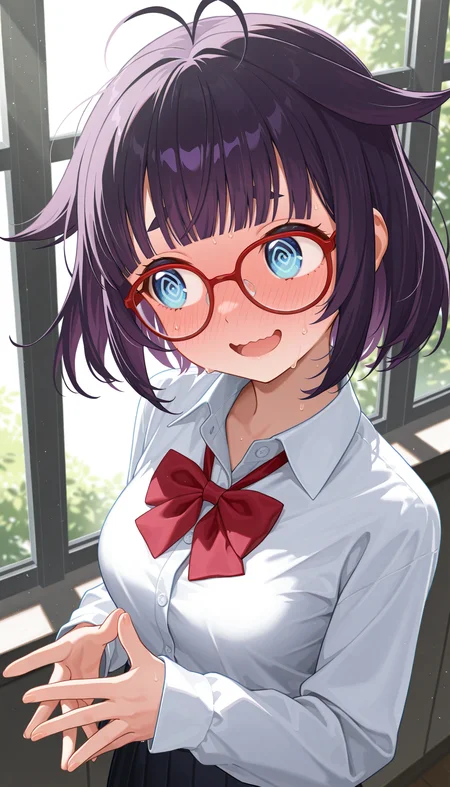 masterpiece, best quality, amazing quality, very aesthetic, high resolution, ultra-detailed, absurdres, newest, scenery, 1girl, solo, purple hair, medium bob, choppy blunt bangs, sidelocks, hair flaps, antenna hair, blue eyes, round eyes, tareme, smile, open mouth, wavy mouth, raised inner eyebrows, (round eyebrows:1.2), full-face blush, @ @, sweatdrop, medium breasts, round red-framed glasses, loose collared white shirt sleeves past wrists, red bowtie, messy hair, looking away, embarassed, steepled fingers, window, dappled sunlight, upper body, head tilt, from above, dutch angle, BREAK, delicate hair, volumetric lighting