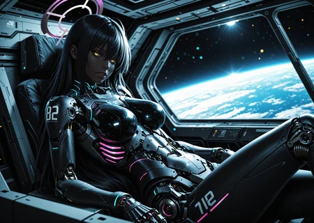 cyborg 1girl, angular, science fiction, futuristic, scenery, (karin \(blue archive\):1.0), sitting in space station, parted lips, mechanical torso, looking at viewer, black hair, yellow eyes, hair between eyes, dark skin, long hair, purple halo, creative angle, head tilt, (dutch angle, dynamic pose:0.9) BREAK masterpiece, best quality, absurdres, HDR, 8K, high contrast, film grain, cinematic lighting, realistic, depth of field, bokeh, neon trim, newest, aidmafluxpro1.1 <lora:- iLL - the_edgy_mech_V3.0:0.4> <lora:aidmaFLuxPro1.1-IL-v0.3:0.2> <lora:Hyper Helmets SDXL v1.0:0.5> <lora:CyborgMechExosuit_v1.5:0.7> <lora:ck-Sci-Fi-Concepts-IL-000015:0.15>âââ