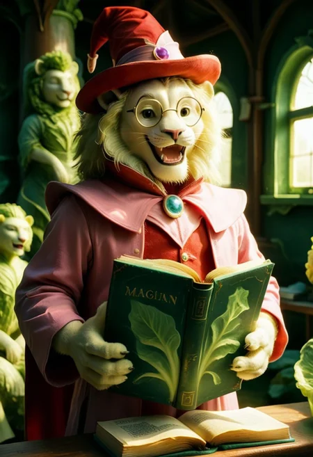 (An anthropomorphic white lion looks out at an audience, while reading aloud from a magical book, solo, 1man, 70yo, open mouth, happy smile, black and pink magician old dusty outfit, very small black round glasses, red hat:1.5). An opened impressive magic book, (book cover made of cabbages leafs, cabbage, cjdl:1.5), (leaking green fluo neon acid from inside to the outside, TOXNEO:1.2). (side view, 3/4:1.4), (focus on the book pages:2). Rays of light coming from inside the book.
 The atmosphere is magical and dreamy. 
Dusk, blue sky, orange rays of sun. dutch-angle, (foreshortening, perspective:2).