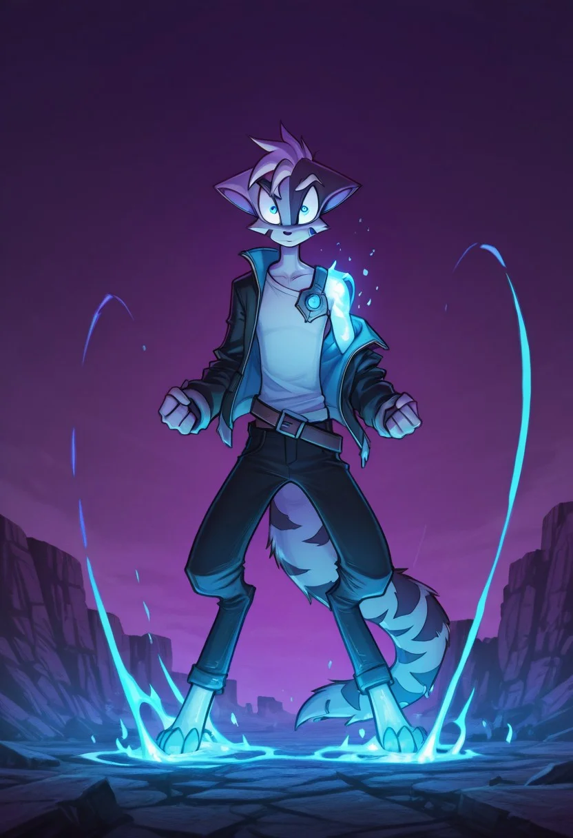 Mace, Dreamkeepers, 1boy, solo, standing, glare, arms down, fists, strong, power, epic, blue aura, blue glow, glowing blue, glowing eyes, single armor shoulder plate, long jacket, dangling arms, ((epic)), blue eyes, open jacket, white shirt, eyes half closed, anthropomorphic, feline-like, spiky hair, tail, front view, masterpiece, high detail, ((epic)), black jacket, wavy hair, looking at viewer, blue shoulder plate, glowing eyes, blue glow, purple sky, black pants, belts,