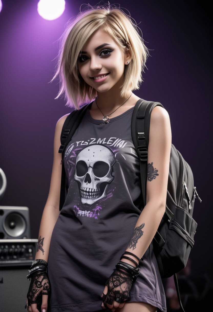 (medium full shot) of (intense emo girl) young woman, willowy build, medium blonde layered cut hair, mexican, tan skin, light brown eyes, wearing a charcoal midi dress with lace accents , high-top sneakers, purple lipgloss, smoky eyeshadow, heavy eyeliner, fingerless gloves carrying a skull-patterned backpack, set in  a high-energy concert, with loudspeakers, vibrant lighting, emo fans, dark walls, and edgy stage setup, woman smiling, detailed face, ,Masterpiece,best quality, raw photo, realistic, very aesthetic