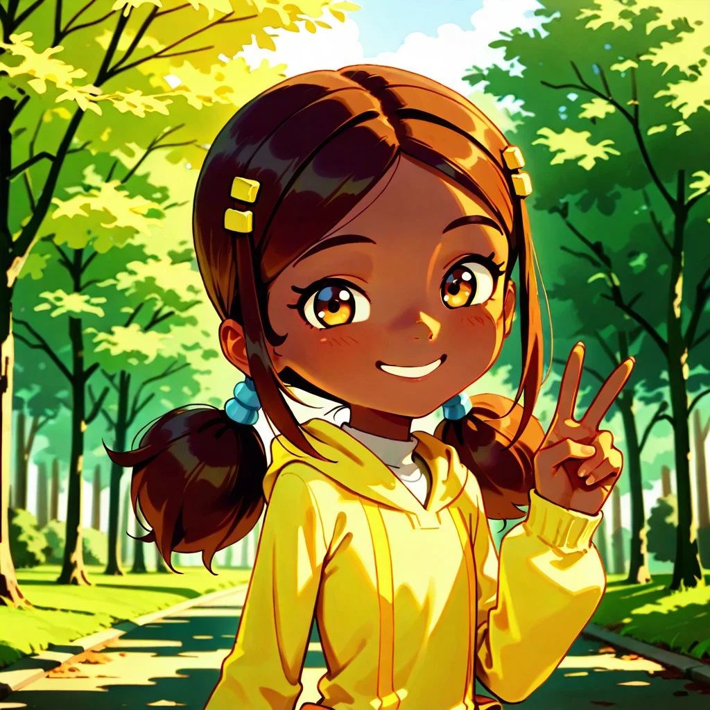 masterpiece, best quality, break, sam_mbc, dark-skinned female, brown hair, twintails, hair ornament, looking at viewer, smile, v, tree, outdoors, natural lighting
