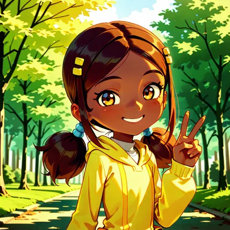 masterpiece, best quality, break, sam_mbc, dark-skinned female, brown hair, twintails, hair ornament, looking at viewer, smile, v, tree, outdoors, natural lighting