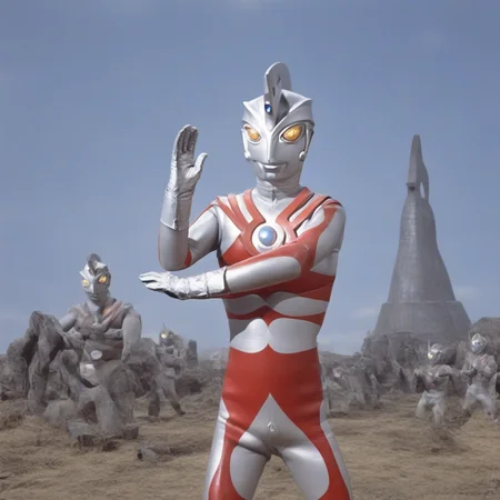 male focus,ultraman ace,no human,alien,giant superhero,silver head,headdress with one hole,silver rubber bodysuit with red line, glowing hemisphere on the chest,silver gloves and boots,
