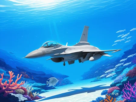 <lora:F-16_Illustrious:1>, f-16, underwater, coral reef, tropical fish, clear blue water, sunlight shafts, surreal scene, concept art, vibrant palette, masterpiece, best quality, amazing quality
