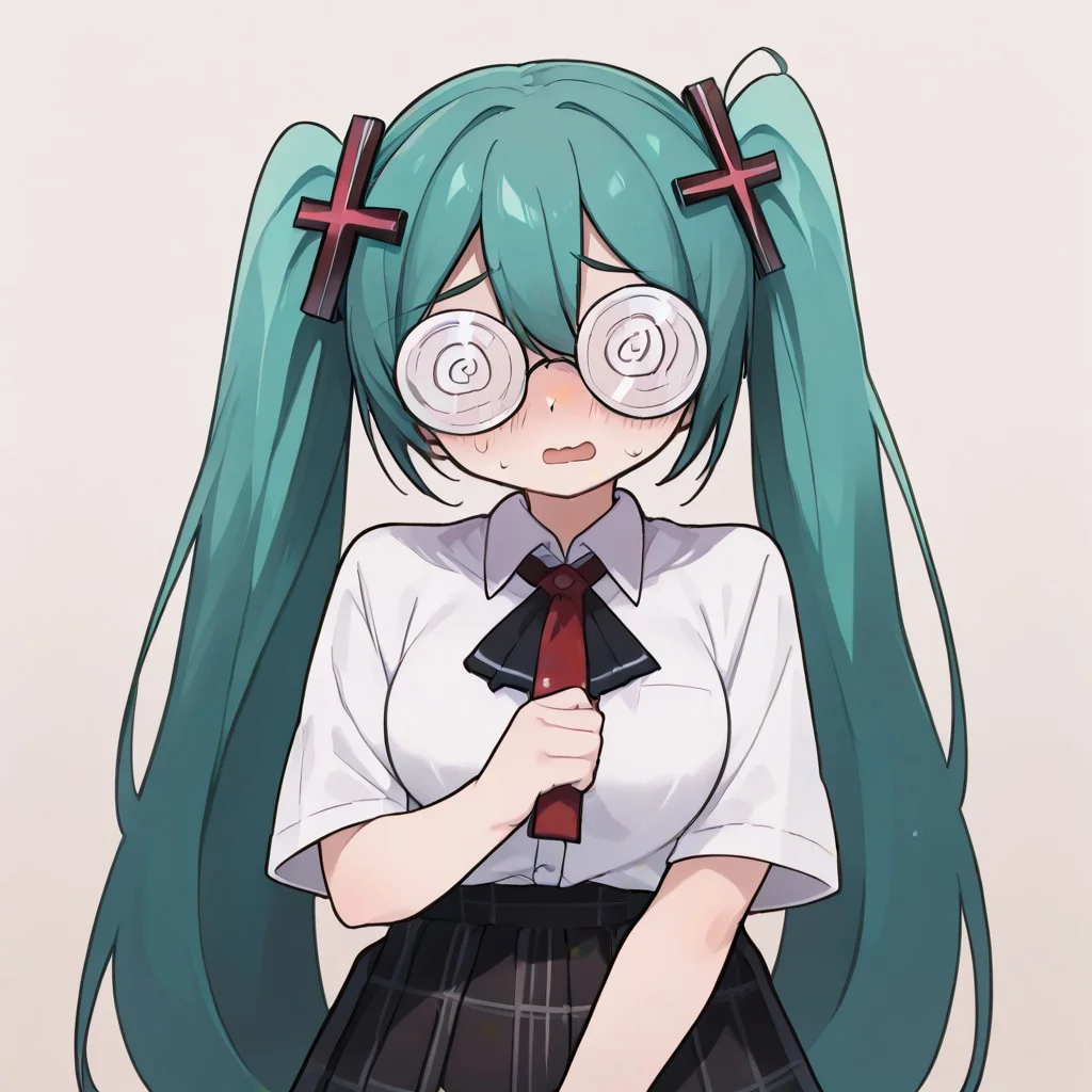 fujo_miku, , glasses, , collared shirt, , black skirt, white shirt, ascot, plaid skirt, glasses, coke-bottle glasses, cross hair ornament,, twintails, teal hair, long hair, reading book, blushing, nosebleed, @ @, solo, c4toony style, close up, nose_bleed, blush, reading, close up,