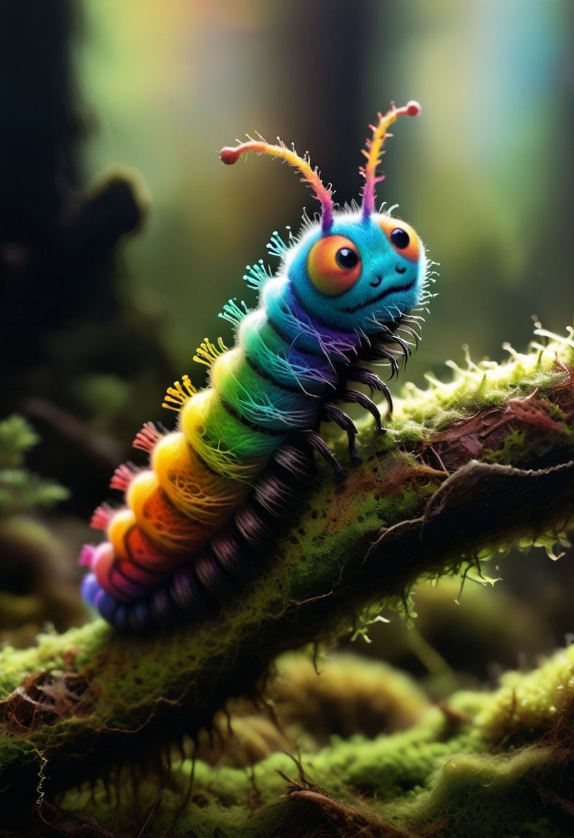 colorful, creepy drawing, simple illustration, illustration. creepy, scary 
A photo of a rainbow colored caterpillar on a moss covered branch, backlit, translucent, glow hyper realistic, natural soft rim light,