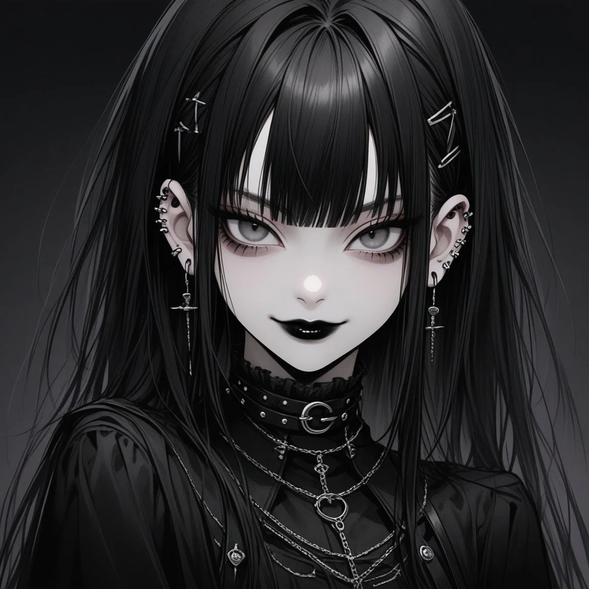1girl, gothic, black and white, cute face ,dark lipstick, eyeliner, ear piercings, dark clothing, fine details <lora:gothic:0.5>