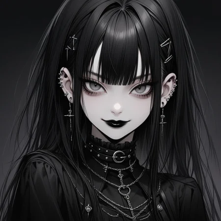 1girl, gothic, black and white, cute face ,dark lipstick, eyeliner, ear piercings, dark clothing, fine details <lora:gothic:0.5>