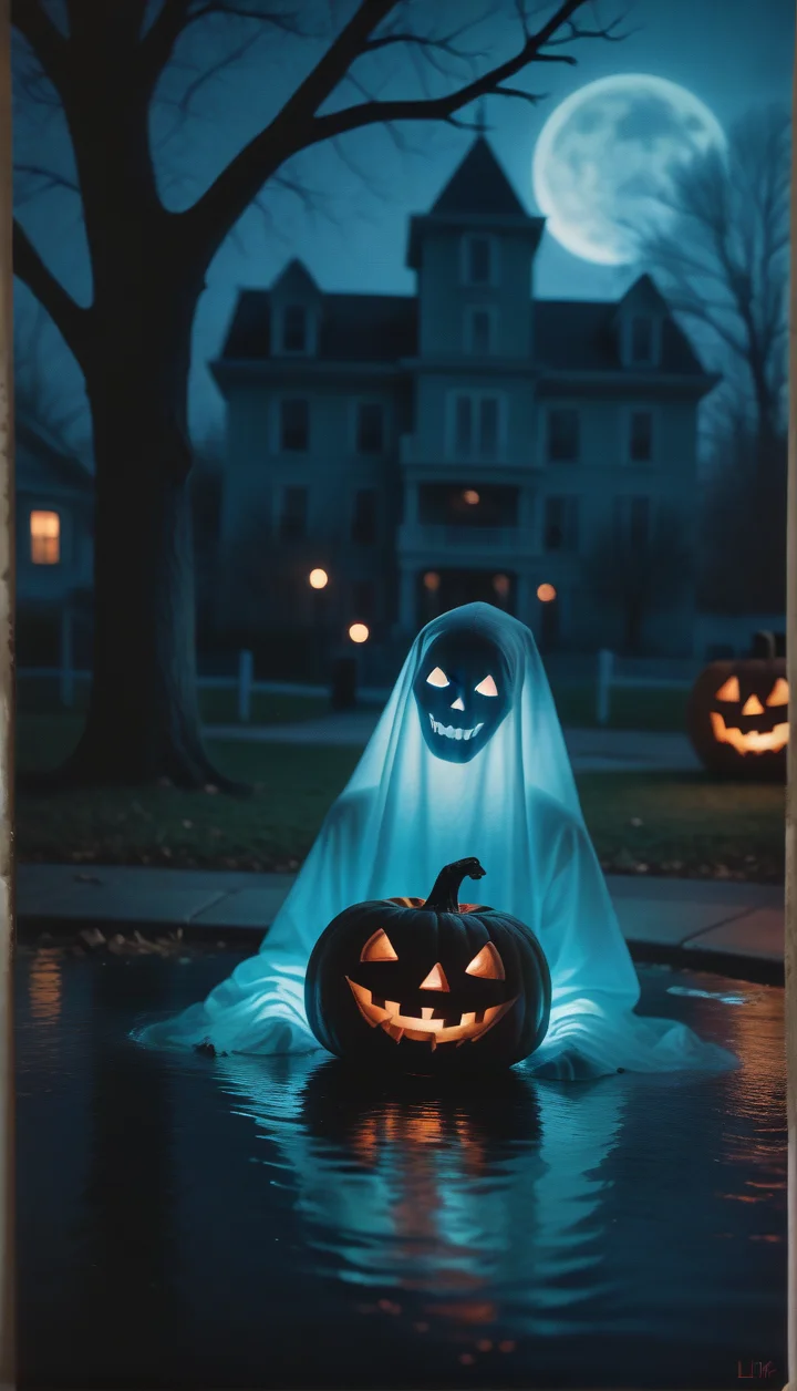 Stable_Yogis_PDXL_Positives  score_9, score_8_up, score_7_up, score_6_up, hllwn, halloween, vintage, ghost costume, no humans, ghost, tree, halloween, bare tree, outdoors, signature, water, building, traditional media